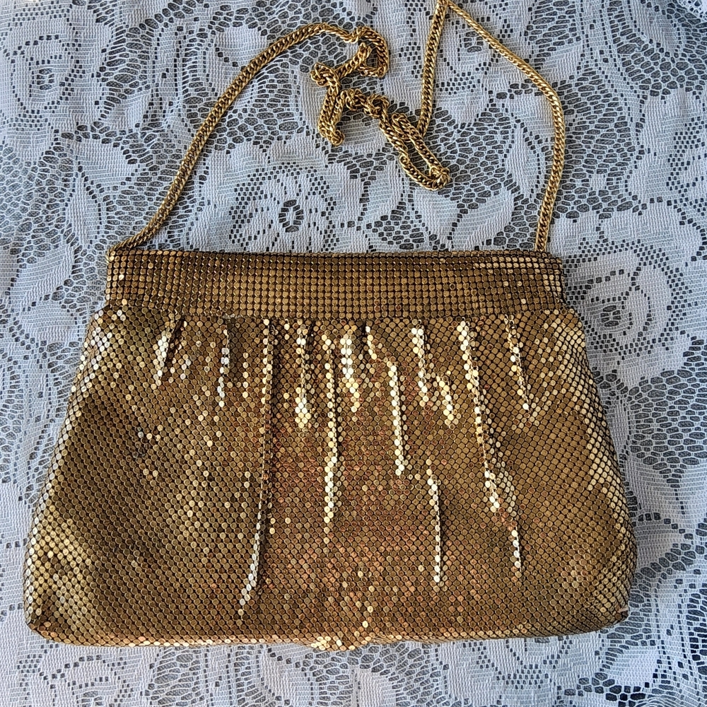 Vintage 1960s Whiting & Davis Gold Mesh Evening Bag Made in USA Open Top 16"